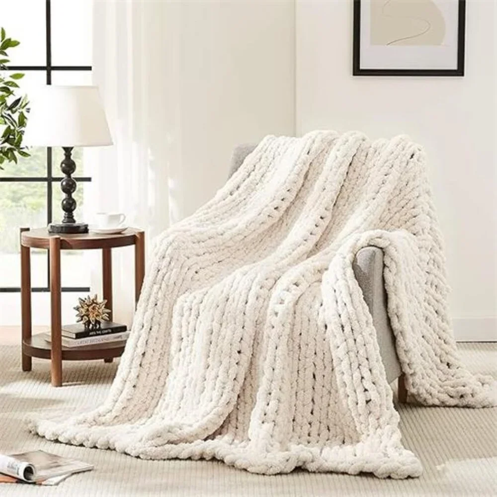 Chunky Knit Blanket Throw,Soft Chenille Yarn Throw 50x60，Handmade